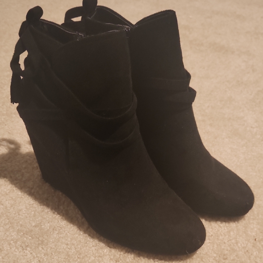 Madden Girl Black Suede Wedge Ankle Booties with Tassel Detail